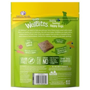 Back of packaging for Wellness Soft WellBites Lamb & Salmon Treats. Lists ingredients and product information