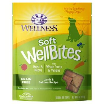 Front of packaging for Wellness Soft WellBites Lamb and Salmon Treats 6 oz